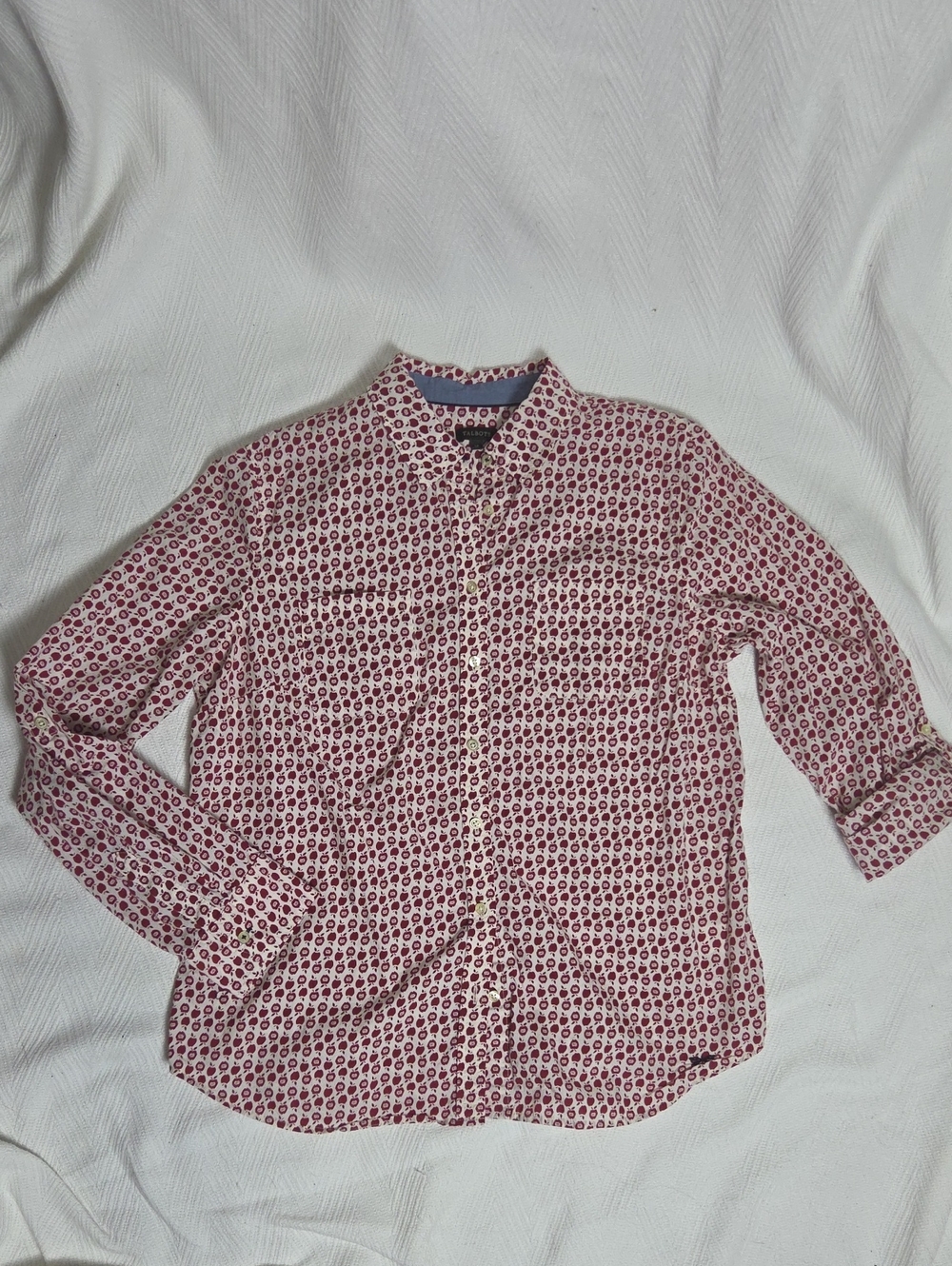 Talbots Red Apple Print Button Shirt Sz 14 Roll Tab Convertible Sleeve Teacher